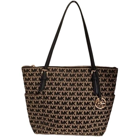 Y2K MICHAEL KORS Tote Shoulder Bag Brown Black Monogram Fabric Leather Handles - Picture 1 of 15
